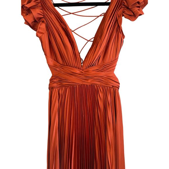 Ieena for Mac Duggal 26729 Satin Pleated Plunge Neck Lace Up Back Gown Size 2 - Picture 4 of 9